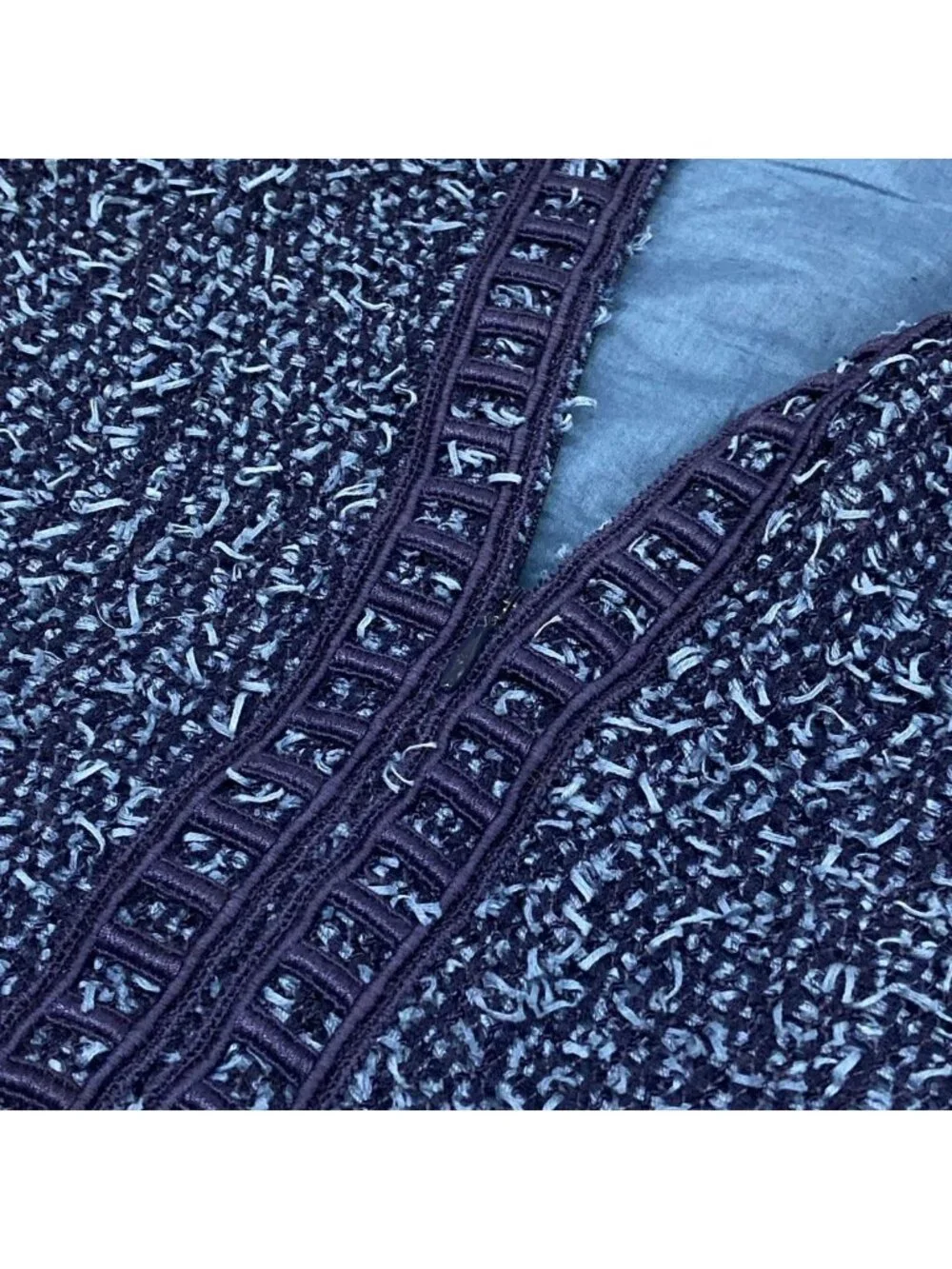 Chanel Dress 38 M Blue Tweed Zip Up Cotton